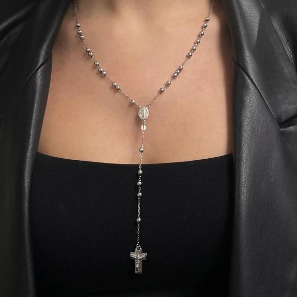 Rachel Koen Cross Rosary Lariat Necklace 14K White Gold 24 Inches